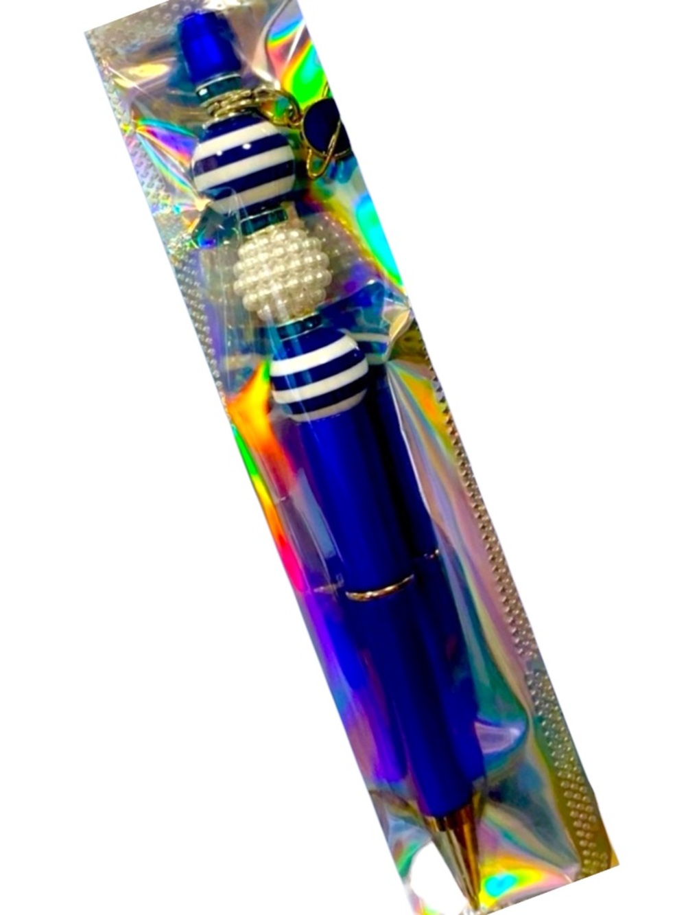 Blue & White Striped Decorative Pen with a Saturn Charm